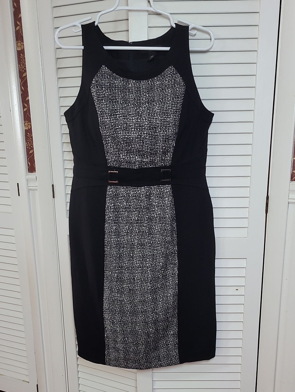 White House Black Market Black and White Tweed-Panel Sheath Dress